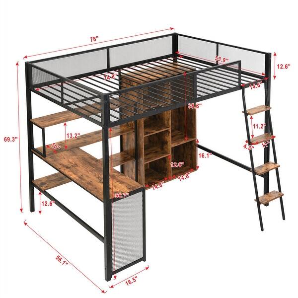 Full Size Loft Bed with Bulit-in Desk and Wardrobe, Metal Loft Bedframe with Storage Shelves and Hanging Rod, Kids Playhouse Bed