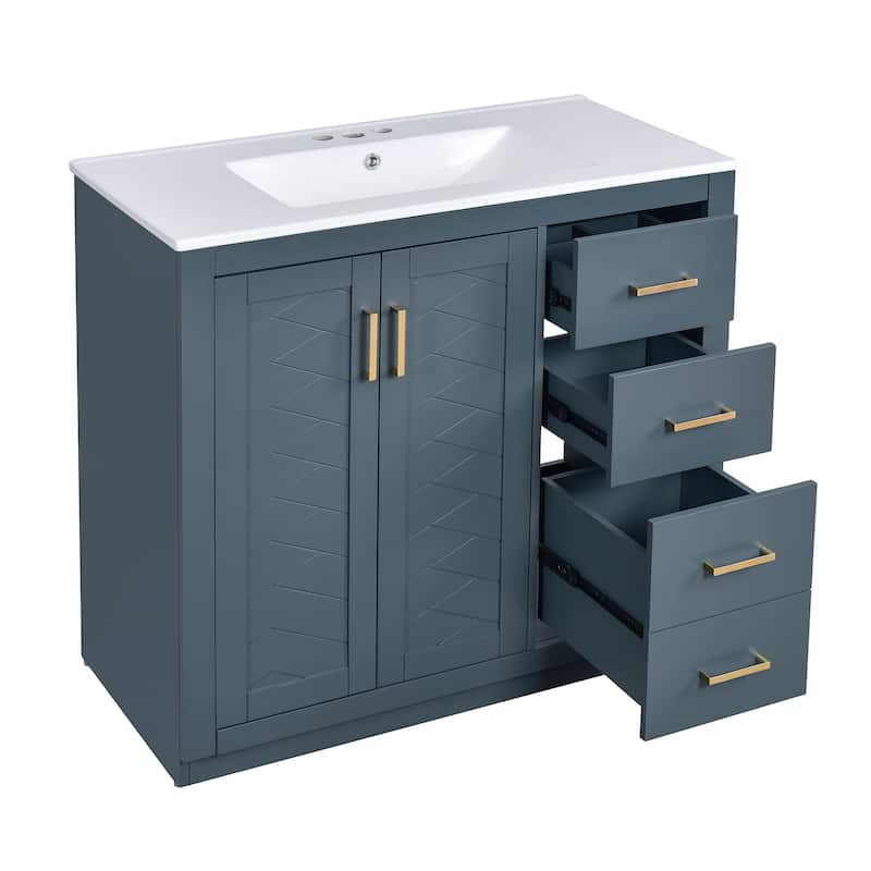 Roomfitters 36" Vanity with Ceramic Sink, Solid Wood Freestanding Cabinet with 3 Drawers and Soft Closing Doors