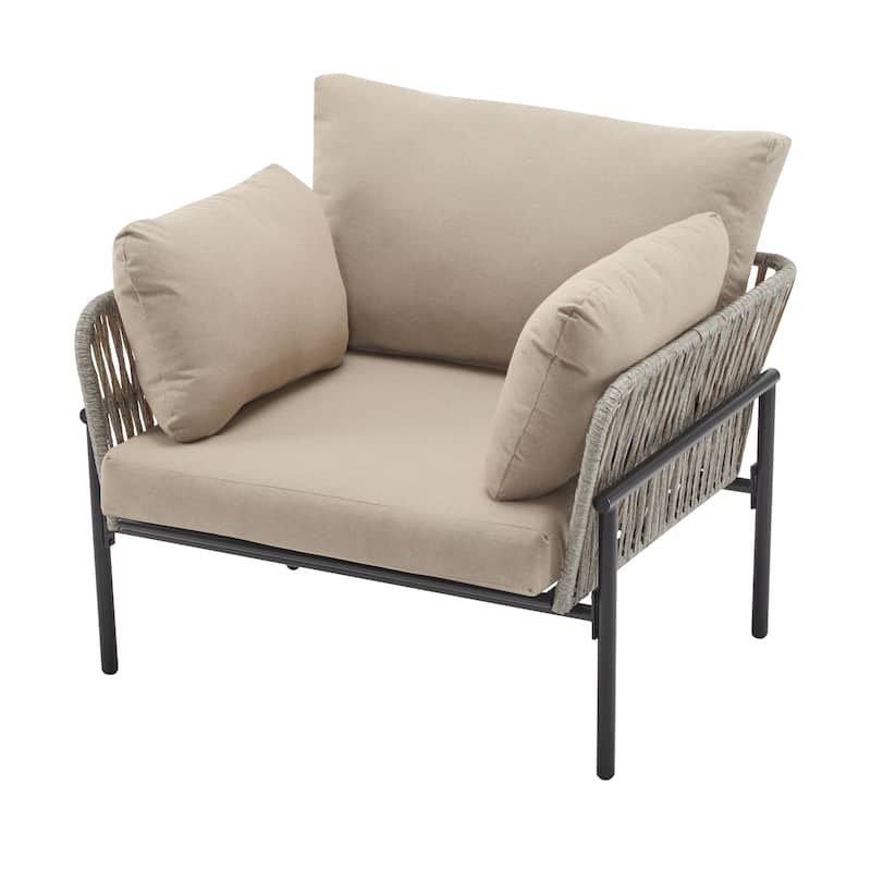 [Set of 2] 36" Beige Iron Lounge Chair with Rope Weave Design and Plush Cushions, Perfect for Indoor and Outdoor Relaxation