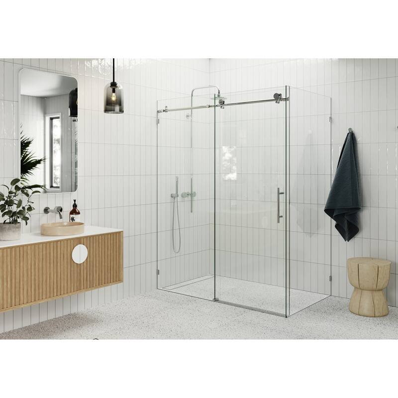 Glass Warehouse 60 in - 64 in x 32 in x 78 in Frameless Sliding Shower Door with Return Panel - Polished- Chrome