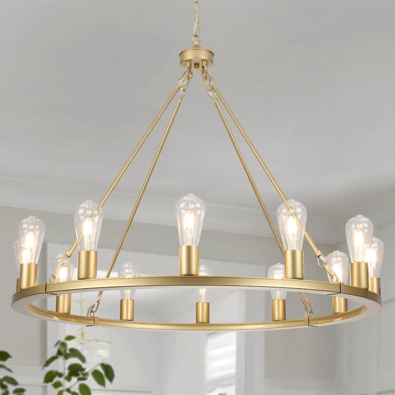35.43-inch Round Wagon Wheel Chandelier, 12-light Adjustable Chandelier for Living Room Kitchen Island Dining Foyer