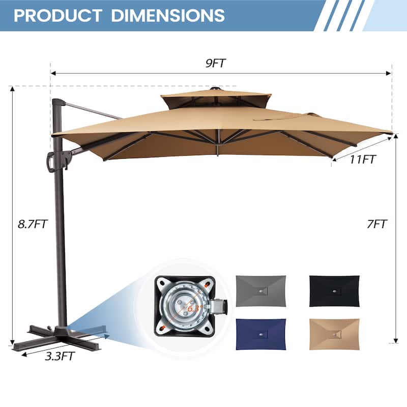 Outdoor 9x11FT Patio Umbrella Cantilever Offset with Dual Top