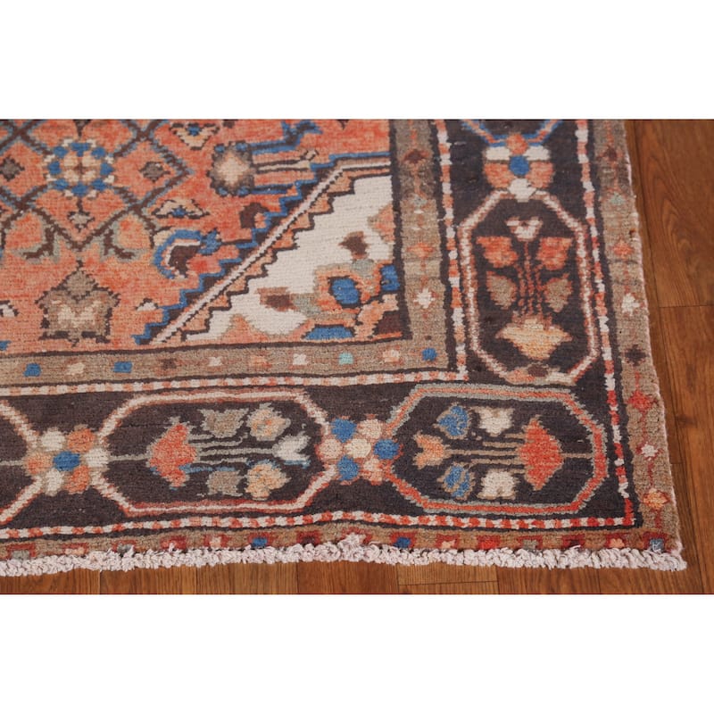 Hand Knotted Oriental 100% Wool Carpet Traditional Geometric Oranges & Rust Hamedan Runner Rug - 9' 7'' X 3' 4''