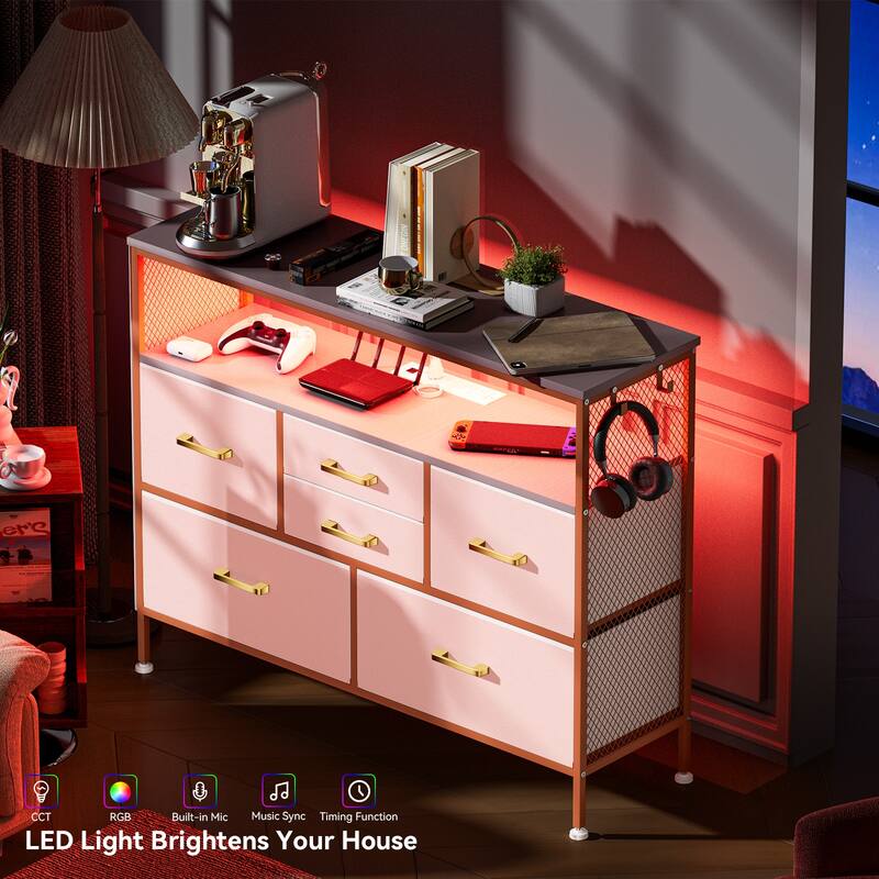 Dresser for Bedroom TV Stand with Power Outlets and LED Light, 6 Dresser with Shelves for 45" TV, PU Finish