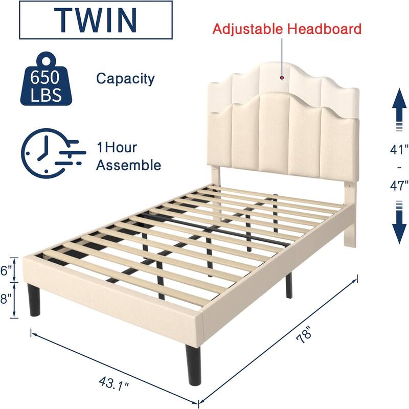 VECELO Modern Upholstered Platform Bed with Adjustable Headboard, Dark Blue/ White/ Grey/ Beige Bed Frames