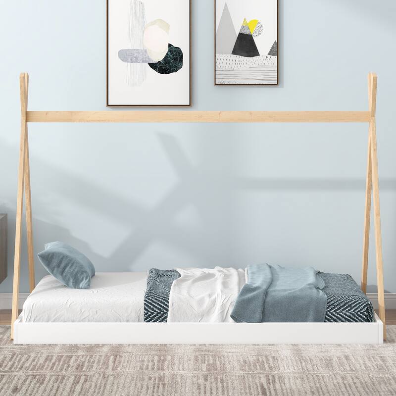 Wooden Twin Tent Floor Bed with Low Profile and Decorative Frame
