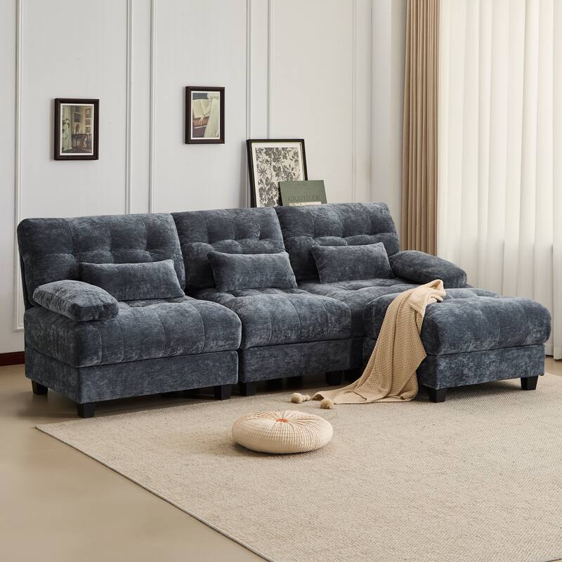 Sectional Sofa with Ottoman, Chenille Fabric Sofa with 4-Position Adjustable Backrest & 3 Pillows, Comfy Upholstered 3 Seat Sofa