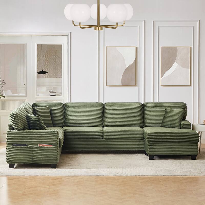 U Shaped Sectional Sofa with 1 Movable Ottoman, Corduroy Upholstered 6 Seater Sofa, Corner Sofa with Storage Pockets