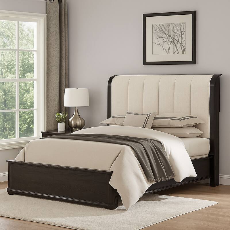 Osko Queen Bed, Vertical Channeled White Upholstered Headboard, Black