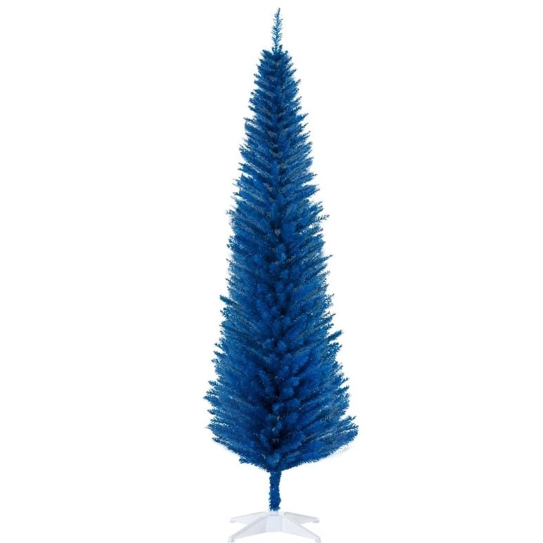 7 Foot Pencil Christmas Tree,Decorated Christmas Tree with Realistic Branch Tips and Plastic Stand - Blue