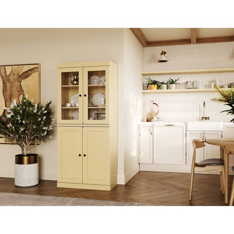 Palace Imports Solid Wood Pantry Cabinet, Raised Panel & Clear Glass Doors, 2 Drawers, Adjustable Shelves