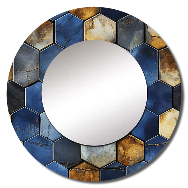 Designart "Grey And Blue Hexagone Symmetry" Geometric Living Room Mirror - Blue Modern Large Round Mirror