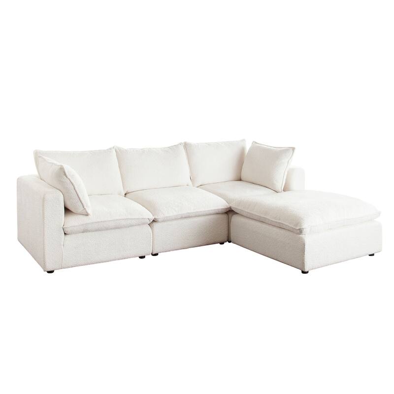 Agg 4pc L Shaped Sofa Set, Ivory Faux Shearing Fabric, 2 Accent Pillows