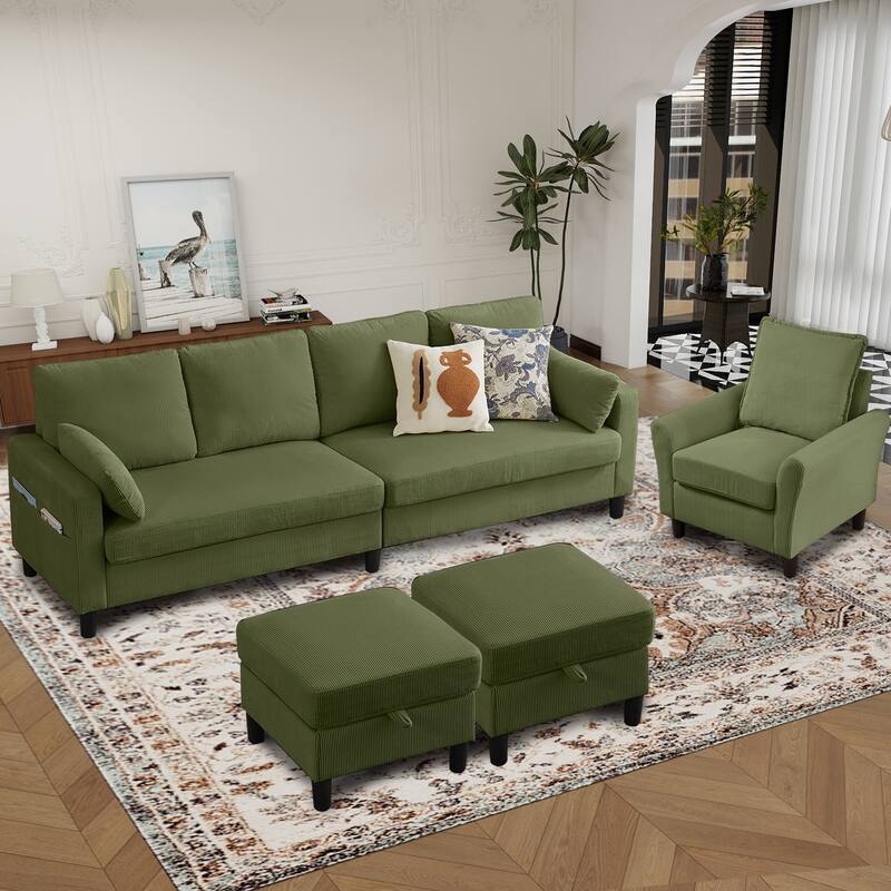 101"Corduroy 3 Piece Living Room Set Including 4 Seater Sofa ,2 Storage Ottoman and Chair - Green