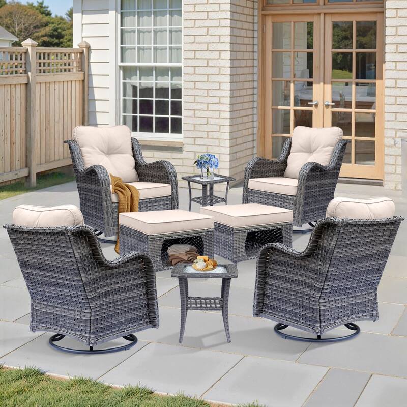 8 Piece Wicker Patio Swivel Outdoor Rocking Chair Set with Ottoman - Beige/Gray Wicker