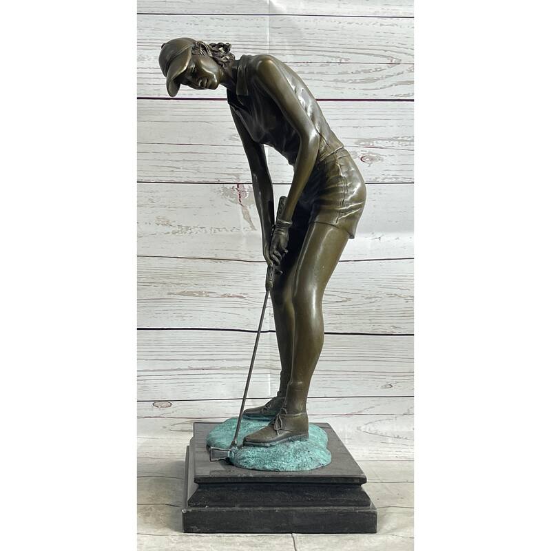 Female Golfer Bronze Metal Statue Sculpture Trophy Figure On Marble Base By Milo