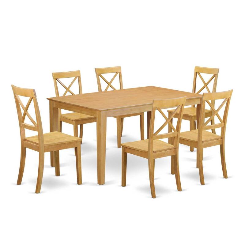 HomeStock 7-Piece Natural Oak Finish Solid Wood Top Dining Table with 6 Chairs with Lattice Back