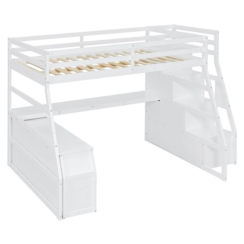 Full Size Loft Bed with 7 Drawers, 2 Shelves & Study Desk - White/Espresso/Gray