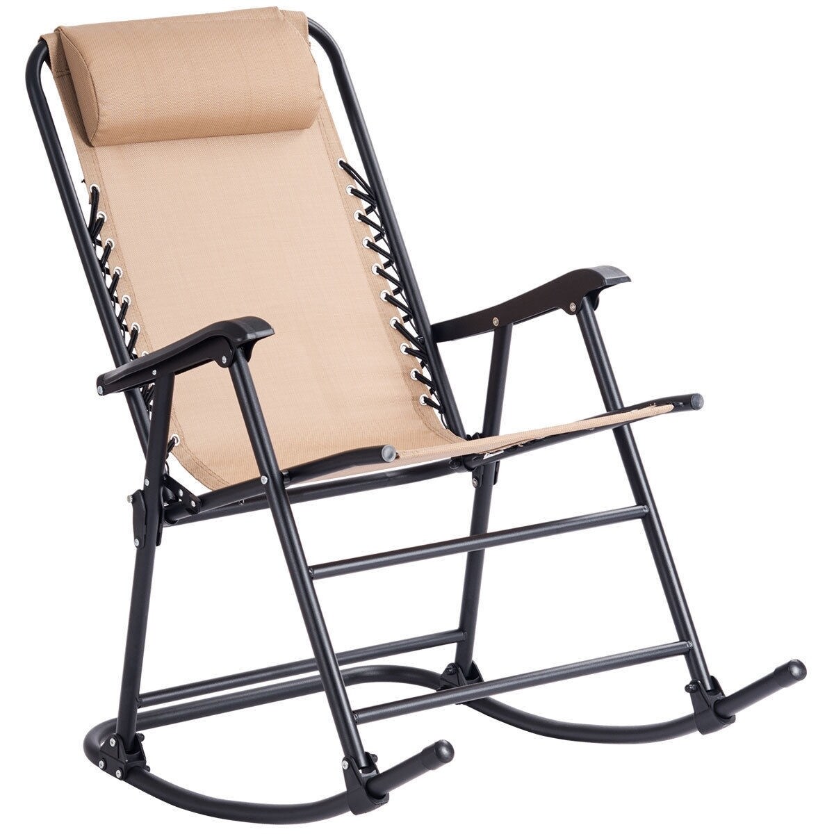 Outdoor Patio Headrest Folding Zero Gravity Rocking Chair - Beige