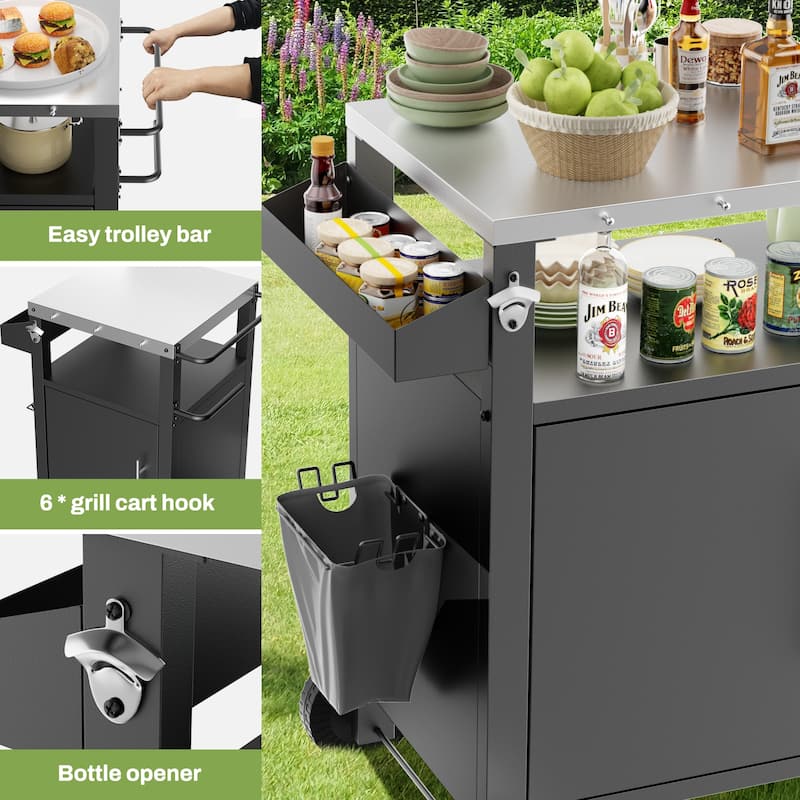 Anmytek Black Outdoor Grill Cart Rolling BBQ Table with Storage Hooks and Spice Rack for Patio Grilling Accessories