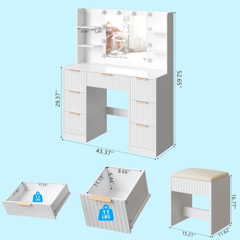 Particle Board Laminated with Textured Melamine, 7-Drawer 4-Tier Shelf, with 10 Three-Color Dimmable Bulbs, Dressing Table Set