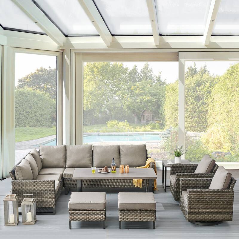 Outdoor Sectional Sofa, Swivel Chairs, Ottomans and Table - Grey - Grey