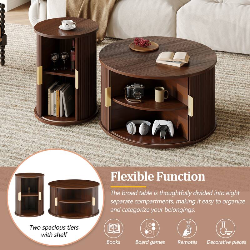 2-Piece Mid-Century Round Coffee Table Set with Sliding Doors and Storage for Stylish Living Room Organization