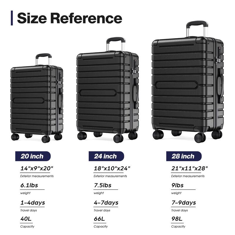 SUGIFT 3 Piece Luggage Sets Hard Shell Luggage Sets with Spinner Wheels TSA Lock, 20in/24in/28in, Black