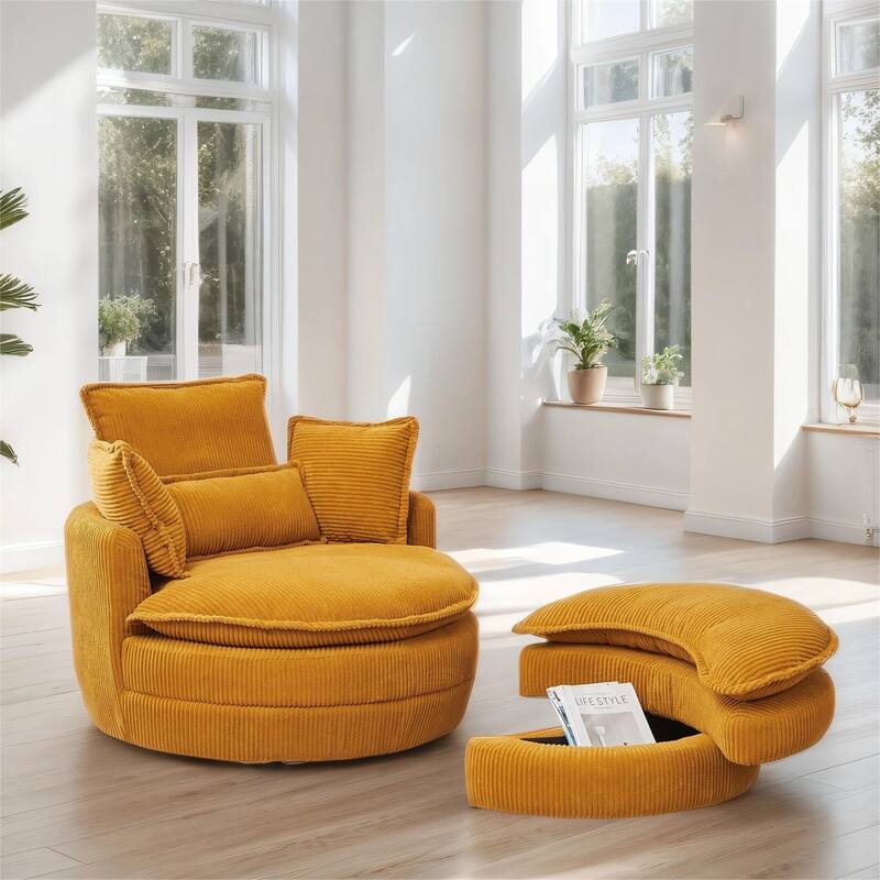 38"W Oversized Swivel Chair with Moon Storage Ottoman, 4 Pillows