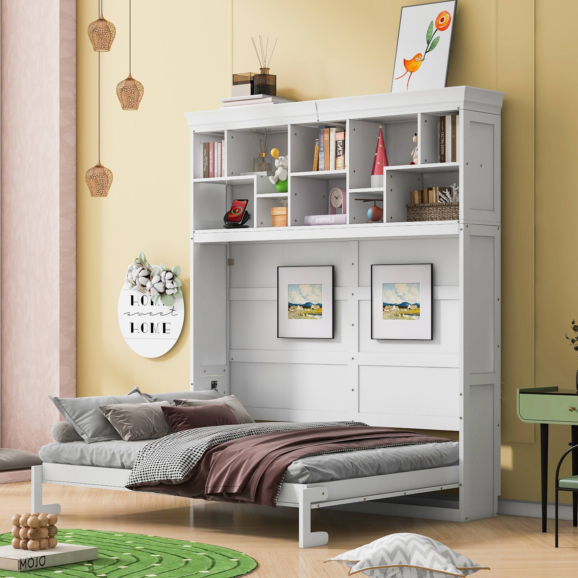 Queen Size Murphy Bed with Top Shelves USB Ports Fold Away Wall Bed for Compact Living Spaces