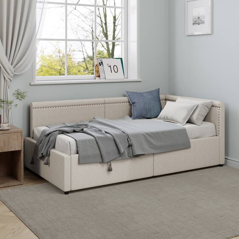 Twin Size Linen Upholstered Daybed with 2 Storage Drawers