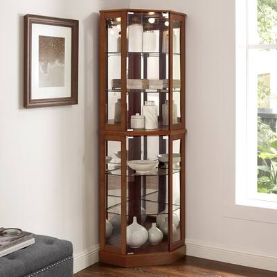 Corner Curio Display Cabinet with 6 Adjustable Glass Shelves and Internal Lighting, E26 Bulb Not Included