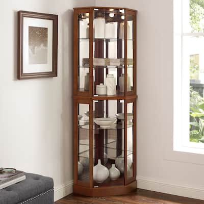 Lighted Corner Curio Cabinet with 6 Adjustable Glass Shelves, Mirrored Back Panel & E26 Bulb for Displaying Collectibles