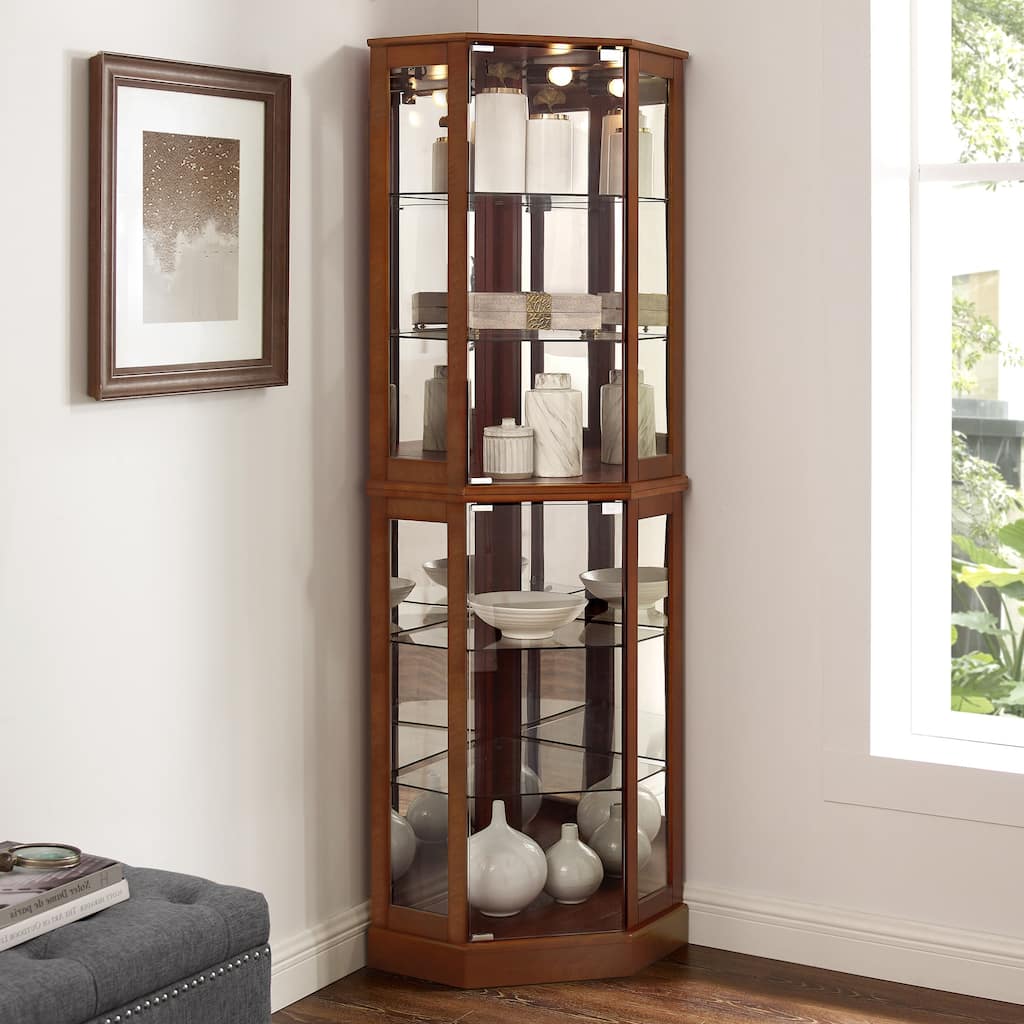 Lighted Corner Curio Display Cabinet with 6 Adjustable Glass Shelves and Mirrored Back Panel