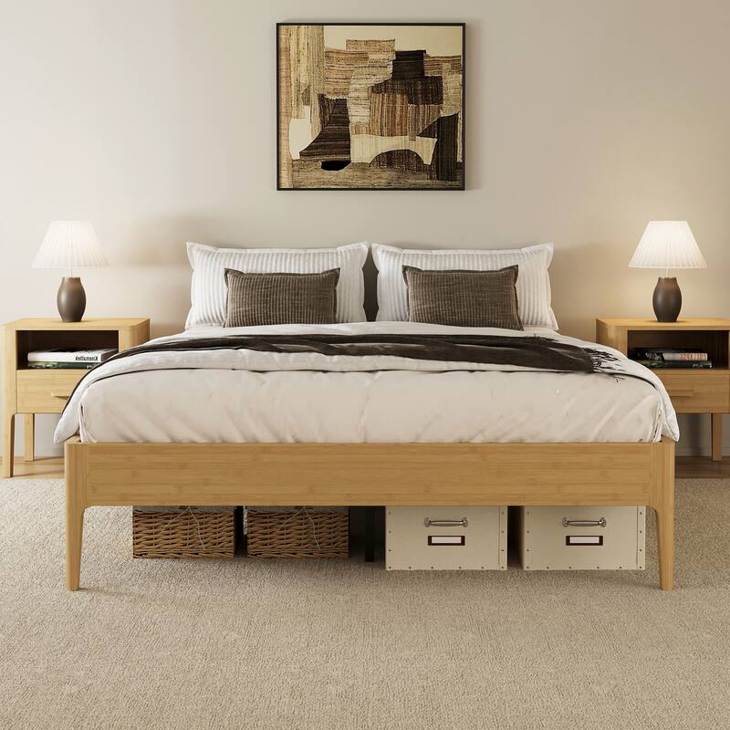 15" High Queen Bamboo Platform Bed, Wood Slat Metal Support, Modern Minimalist, No Box Spring, Easy Assembly, Natural