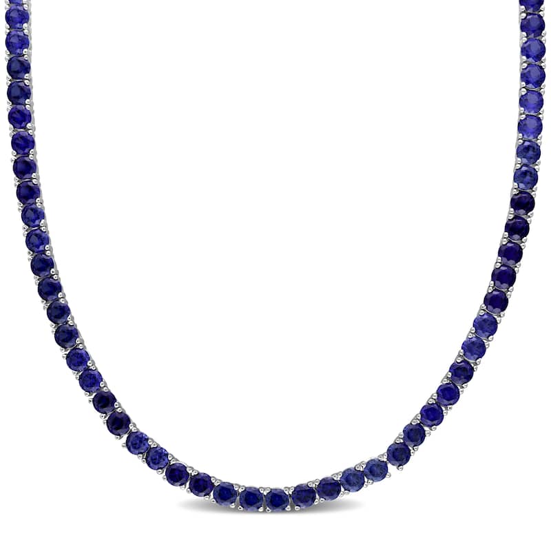 Miadora 33 CT TGW Created Blue Sapphire Tennis Necklace Sterling Silver