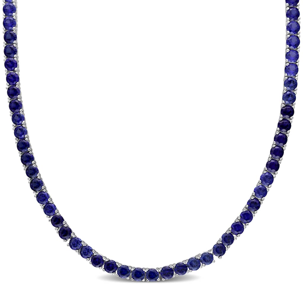 Miadora 33 CT TGW Created Blue Sapphire Tennis Necklace Sterling Silver