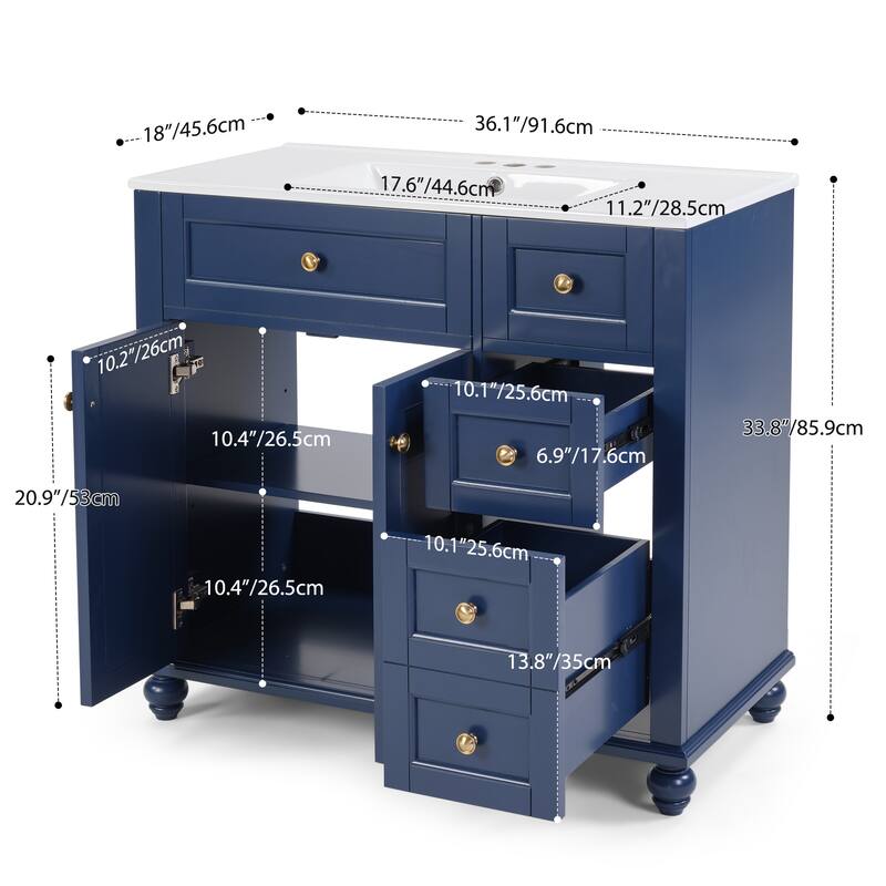 36" Blue Bathroom Vanity with Ceramic Sink - Soft-Close Drawers, Solid Wood Frame, Multi-Organizer Storage