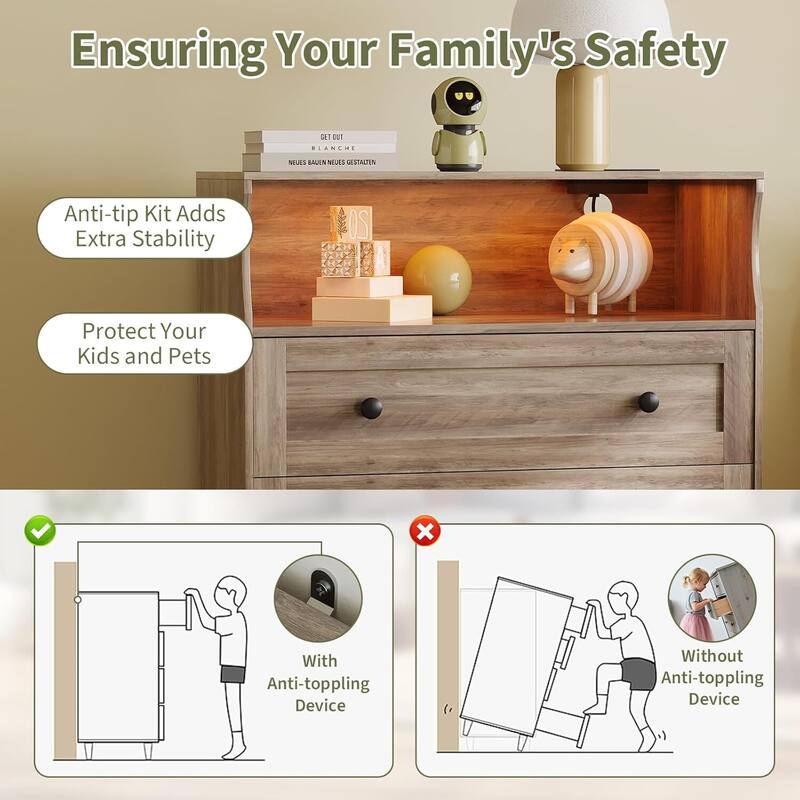 3 Drawer Dresser for Bedroom with Charging Station & LED Lights