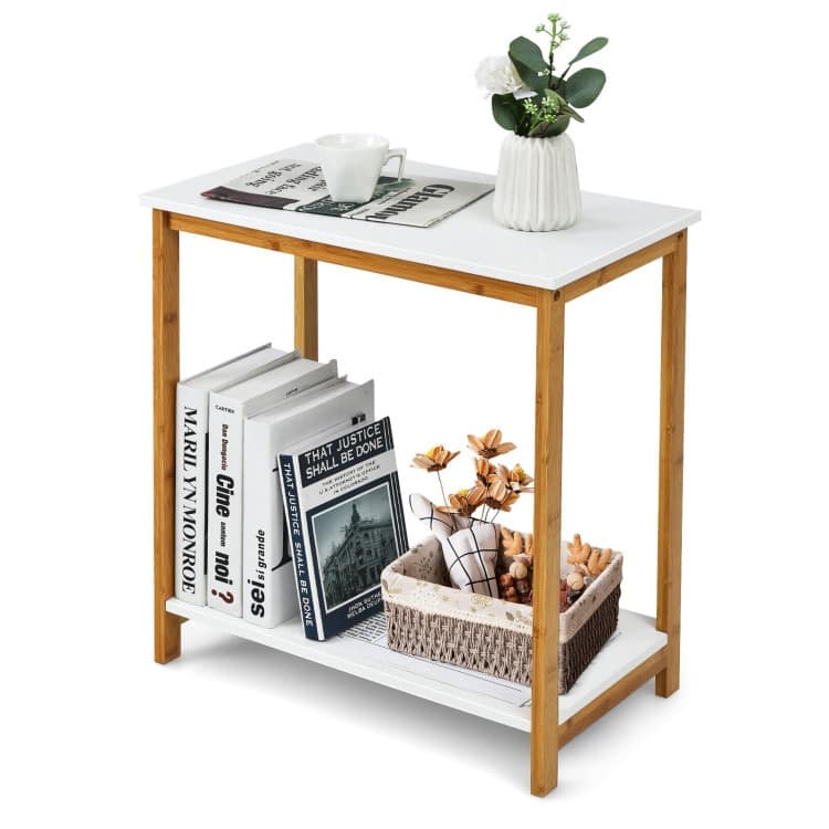 23 Inch Height 2-tier End Table with Bamboo Frame and Bottom Shelf-White - 21" x 12" x 23" (L x W x H)