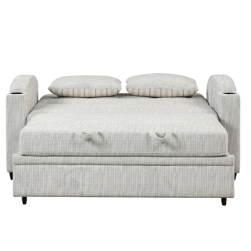 61.6" Pull Out Sofa Bed with Adjustable Backrest, 2 Pillows, Cup Holders & USB Ports, White Gray, Chenille