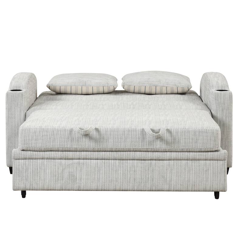 Pull Out Sofa Bed Modern Chenille Convertible Loveseat Sofa With Adjsutable Backrest, 2 Pillows, Cup Holders, Usb Ports