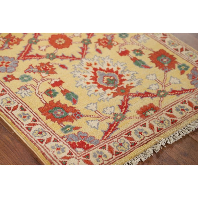 Yellow Kazak Oriental Foyer Rug Hand-Knotted Floral Wool Carpet - 2'0" x 3'0"