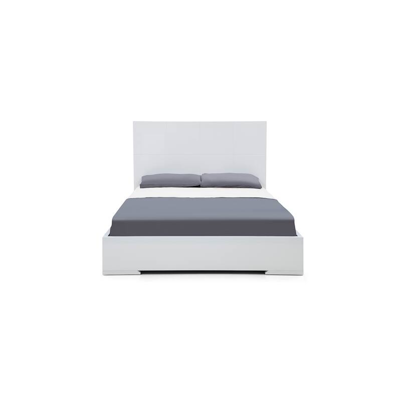 Queen Size Platform Bed - Modern Square Headboard, High Gloss White Finish - Adventure Bed