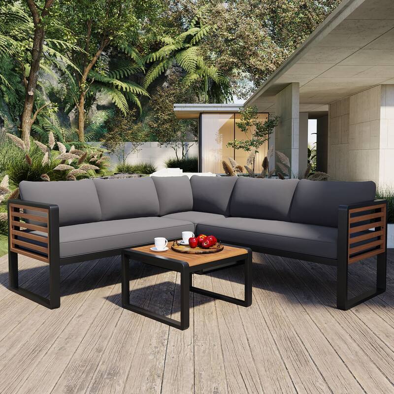 4 Pieces Outdoor Patio Conversation Set, Metal and Wood Frame Sectional L-shaped Sofa with Soft Cushion and Coffee Table