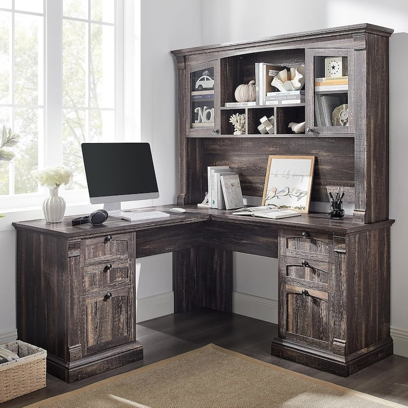 Farmhouse Computer Desk with Hutch, Wood Home Office Desk - Dark Rustic Oak
