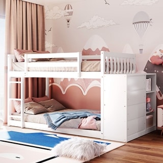 Twin over Twin Bunk Bed with 4 Drawers and 3 Shelves