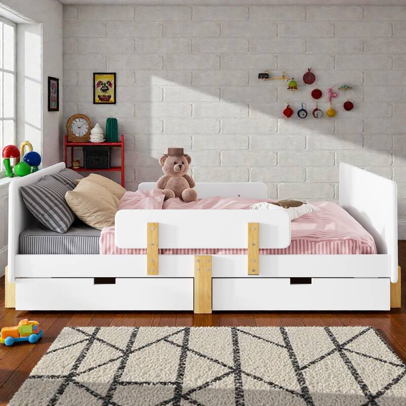 Twin/Full Wood Platform Bed with Storage Drawers, Guardrail, Shelf & Hooks, Solid Wood Frame, No Box Spring Needed