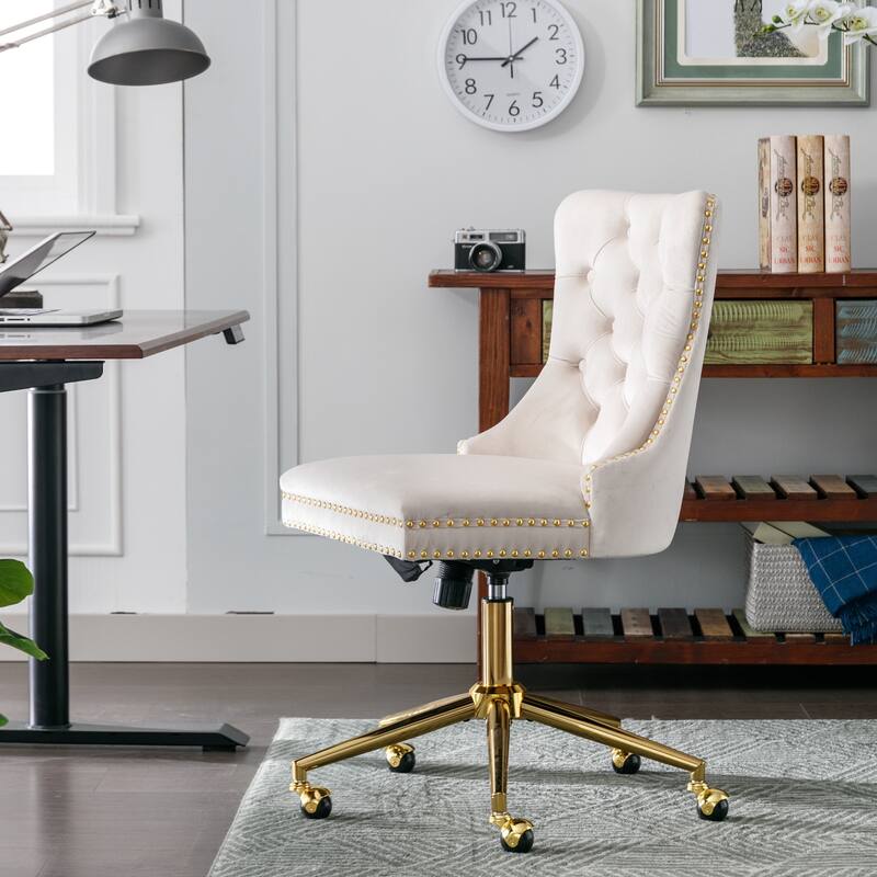 GDF Studio - Modern Velvet Tufted Upholstered Office Chair with Golden Metal Base with Nailhead Trim and Triple-Elastic Cushion