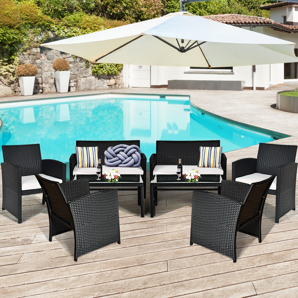 Costway 8 piece Patio Rattan Sets Cushioned Sofa Table Black 8